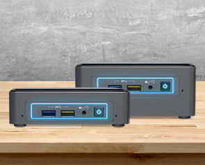 top view of inside look of Intel NUC beside four Intel technology logos